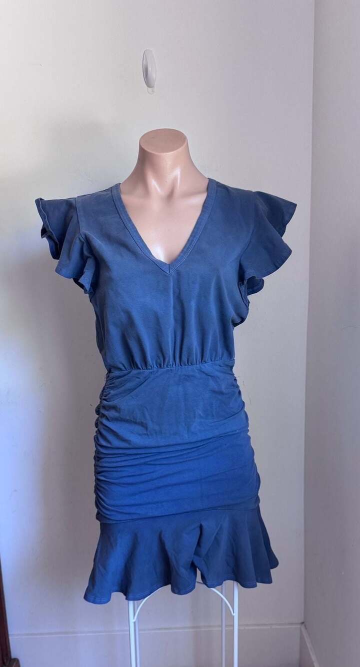 Veronica Beard Jeans Blue Ruched Mini Dress with Flutter Sleeves and Ruffle Hem